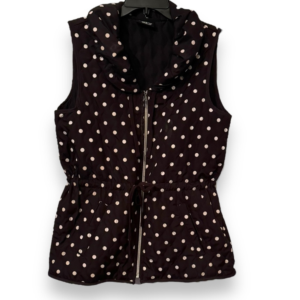 Onque Casual Size Small Black-White Dots Sleeveless Quilted Mock Neck Vest